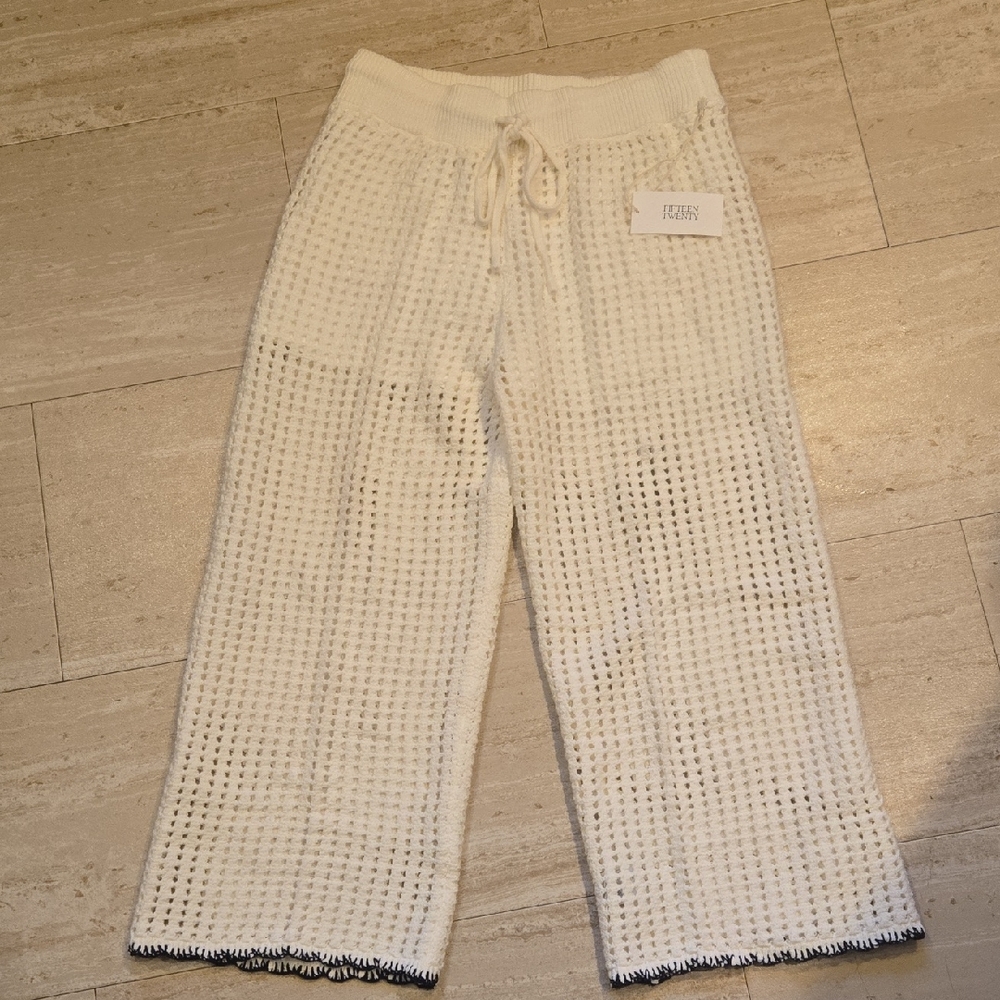 New Fifteen Twenty Los Angeles Gianna Cream Wide Leg Crochet Pants